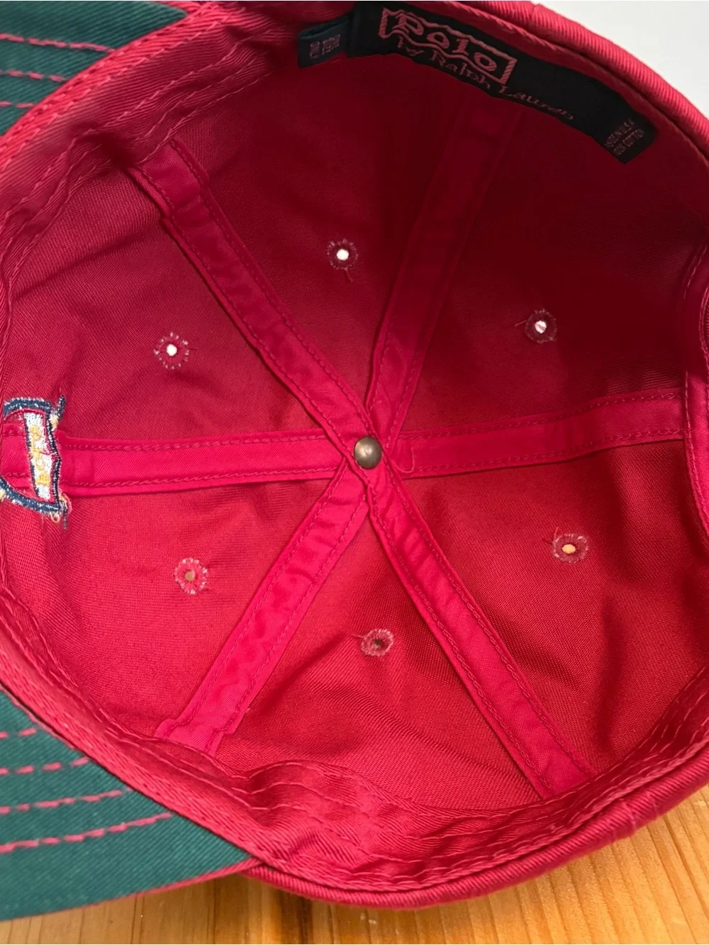 Vintage 90s Polo Ralph Lauren Golf Crest Hat Red Strapback USA Green Underbrim